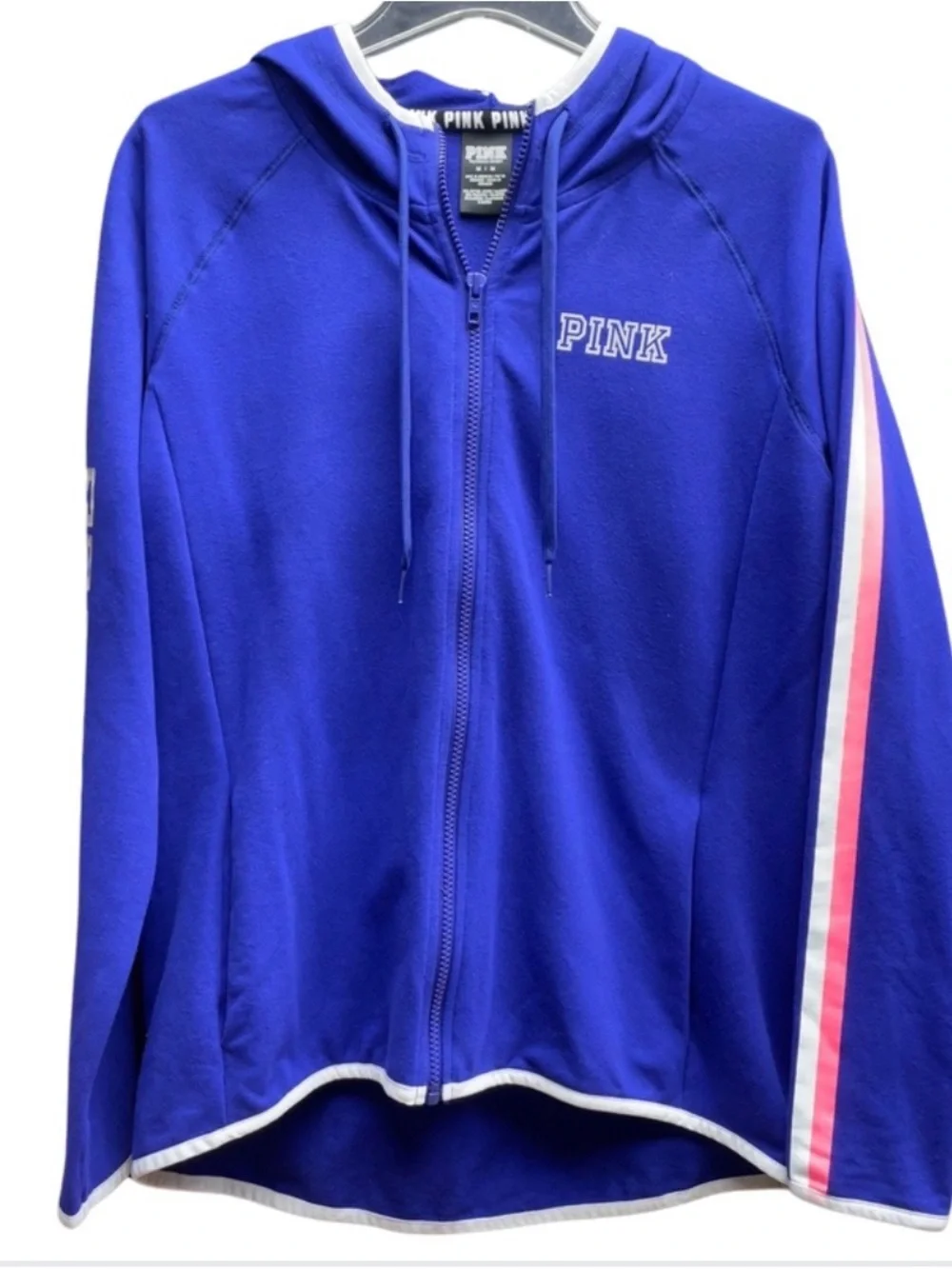 NWT Victoria's Secret PINK Royal Blue Hoodie with Stripes on Sleeves Sz M - Picture 1 of 5